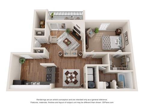 this is a 3d floor plan of a 824 square foot 1 bedroom apartment at the